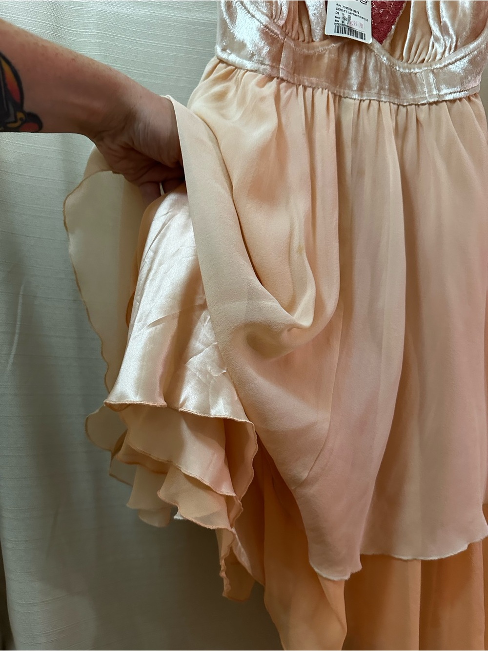 Vintage Y2K Bebe Peach Silk Babydoll Layered Dress Velvet Fairy Asymmetrical - Picture 7 of 11